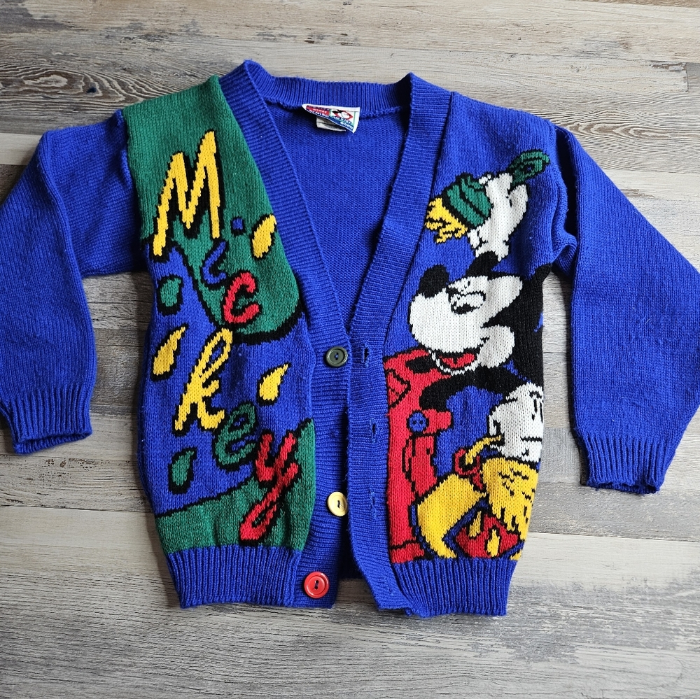 Disney Mickey Mouse Vintage Youth Cardigan Sweater Size 6 Made In USA Blue